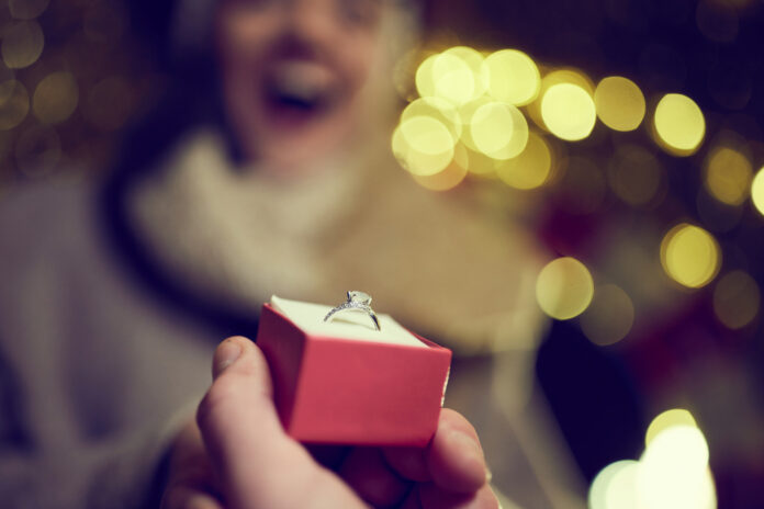 Close up of unrecognizable man proposing his girlfriend.